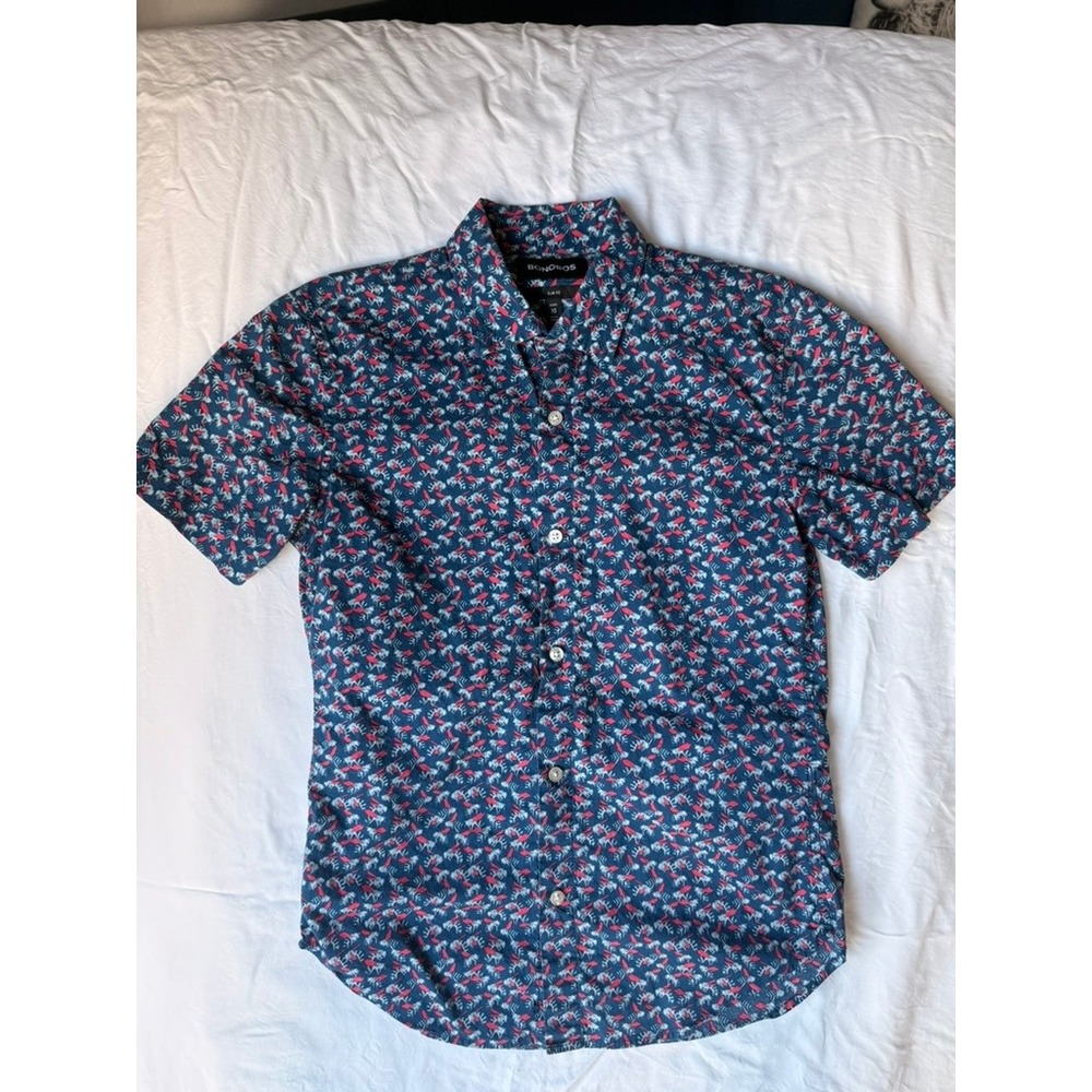 Bonobos Mens Slim Fit Short Sleeve Button Down Shirt Navy Insect Print XS Short